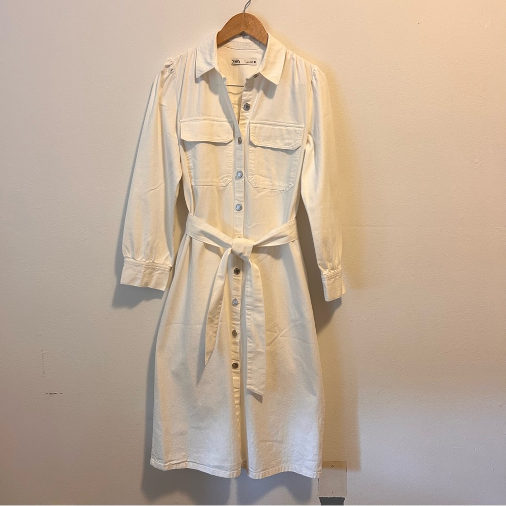 ZARA M Women’s Cotton Linen Blend Elegant Cream Button-Down Denim Belted Dress - Picture 2 of 12